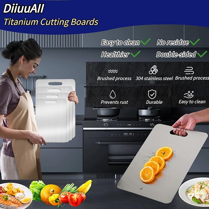 Titanium Cutting Boards for Kitchen - Dual-Sided Stainless Steel Cutting Board Hangable Design, Easy to Clean, Durable and Rust-Resistant for Meat, Vegetables & Fruits