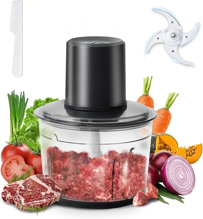 Meat Grinder Electric, 2.2L Stainless Steel Food Processor and Chopper with 4 Sharp Blades, 350W, 2 Speed Modes, for Meat, Baby Food, Vegetables, Fruits, Nuts,8 Cups, Black