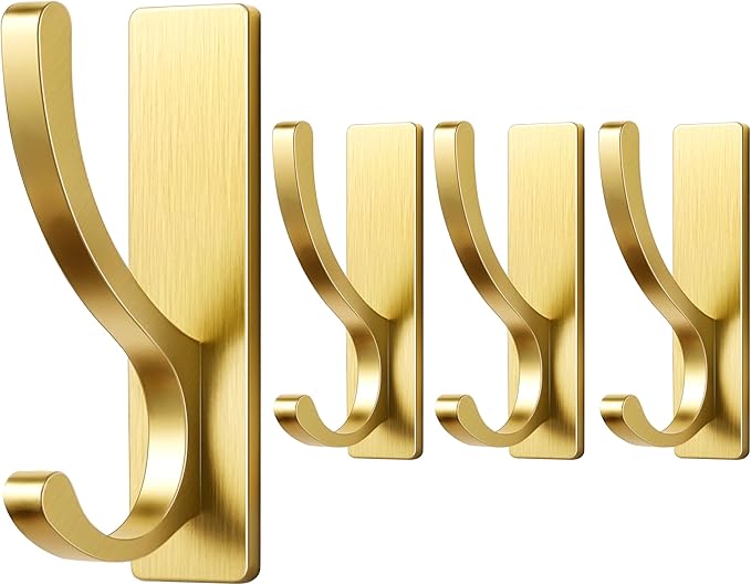 Adhesive Wall Hooks for Towels Coats - Stick On Hooks Hanging Heavy Duty (13lb), Metal Hook for Door, Bathroom, Dorm, Closet - Hanger for Purse, Bag, Robe,Backpack - No Damage to Wall - Gold 4 Pack