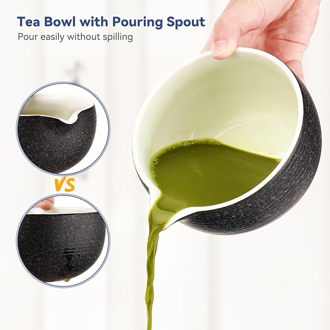10-Pcs Matcha Whisk Set Kit, Whisk and Bowl with Spout & Measuring Spoon & Cup, Japanese Tea Making Tools, Charcoal Grey