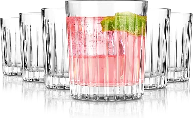 Premium VertiLine 13.5oz Highball Glasses, 6pc Tall Glass Sets. Lead-Free Crystal Drinking Glasses. Water Glasses, Mojito Glass Cups, and Mixed Drink Cocktail Glass Set. (Short glasses)