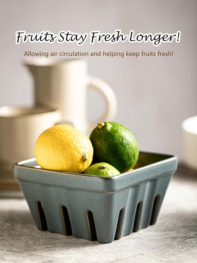 Gomakren Fruit Bowl with Holes, Ceramic Berry Basket Set of 2, 5.7 Inch Square Fruit Basket for Kitchen, Berry Containers for Table, Modern Kitchen Decor, Slate Blue