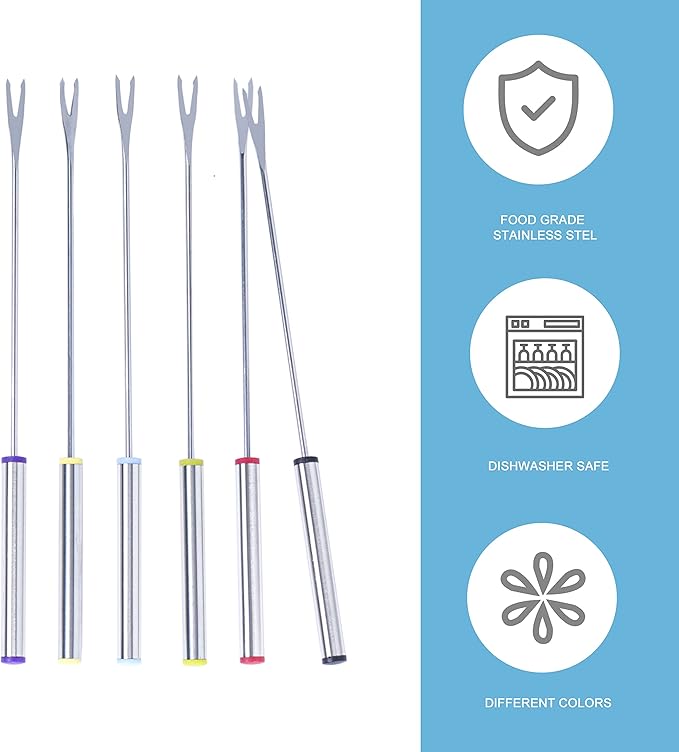 6PCS 9.5 Inch Fondue Sticks Stainless Steel Barbecue Fruit Dessert Forks with Heat Resistant Handle for Roast Meat Chocolate Dessert Cheese Marshmallows