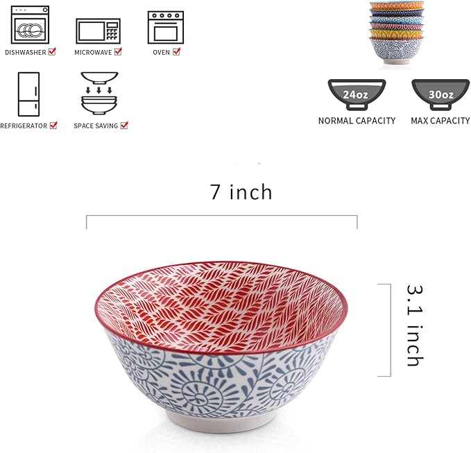 Selamica 7 inches Porcelain Cereal Bowl Set - Set of 6, Ceramic bowls, Soup Bowl Set for Cereal, Soup, Salad and Pasta, Assorted Colors