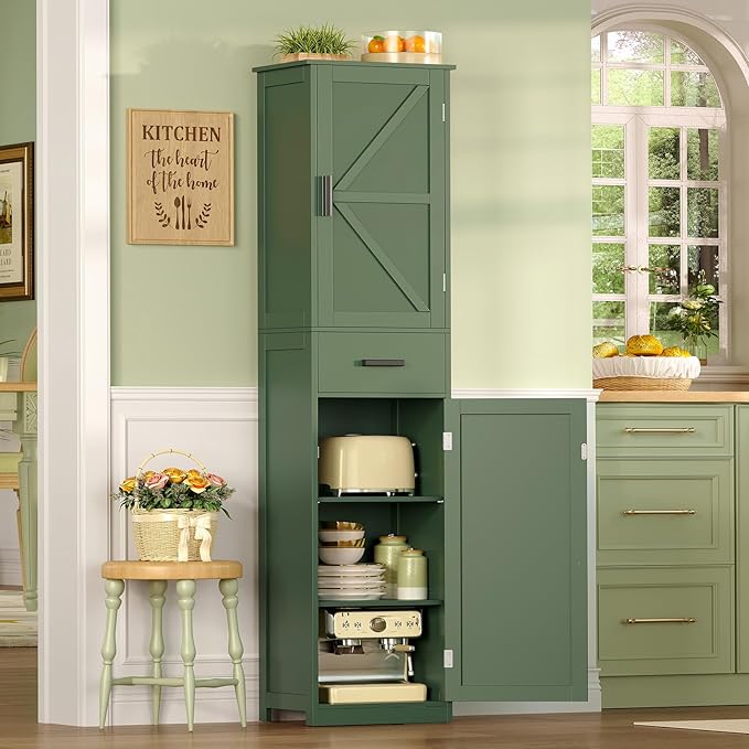 WEENFON Tall Bathroom Cabinet, Narrow Storage Cabinet with 6 Shelves & Drawer, Storage Cabinet with Adjustable Shelves, Tall Cabinet for Living Room, Home Office, Forest Green