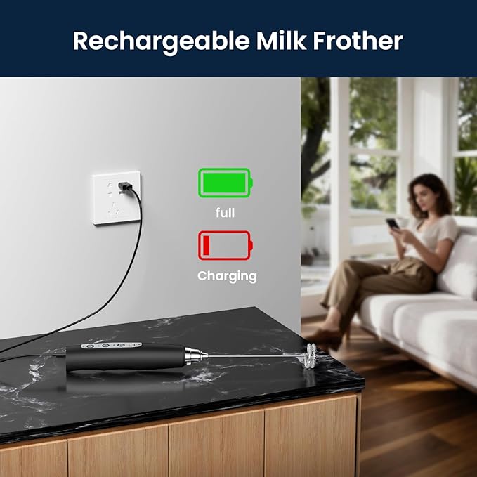 Milk Frother Rechargeable Handheld-Electric Whisk 3 Speed Adjustable, Frother Wand Coffee with 3 Stainless Whisks, Electric Foam Maker, Drink Mixer Blender for Latte Cappuccino Matcha Egg