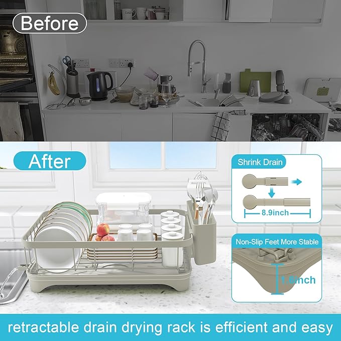 Dish Drying Rack for Kitchen Counter - Space Saving Drying Rack with Drainboard & Utensil Holders, Large Capacity Organizer for Bowls Cups, Countertop Dish Drainer Grey