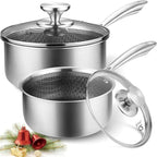 KOCH SYSTEME CS Hybrid Nonstick Stainless Steel Saucepan Set, 1QT & 2QT Triply Stainless Steel Saucepan Set with Hybrid Nonstick Honeycomb Interior, 4-Piece Sauce Pans, Induction Steel Pot Set
