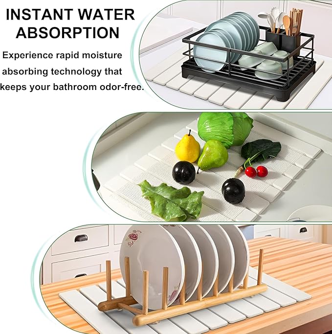 JINGYAN Large Stone Dish Drying Mat for Kitchen Counter, Foldable Diatomaceous Earth Absorbent Mat, Quick Dry Collapsible Drying Pad for Dishes & Utensils, Kitchen Sink Mat, 24x16 Inch - White