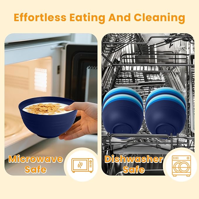 Homienly Wheat Straw Bowls, 8 PCS Microwave Safe Bowl Unbreakable for Salad, Soup, Cereal, Oatmeal, Reusable Plastic Bowls for Kithen, Family, Camping, Party, Dishwasher Safe, 26 OZ (Gradient Blue)