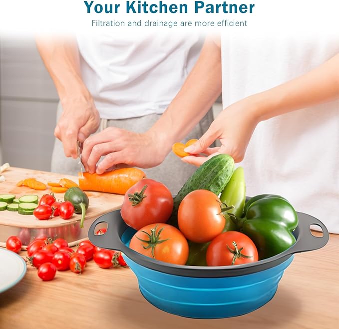 Collapsible Colander Set of 2 Silicone Kitchen Strainer Set, Perfect for Draining Pasta, Vegetable and fruit for Kitchen and Travel Use (Blue)