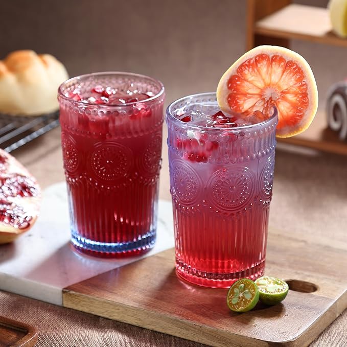 6pcs Vintage Drinking Glasses Set, 12 oz Glass Cups, Embossed Ribbed Glassware Water Tumblers for Cocktail, Water, Juice, Beer, Whiskey