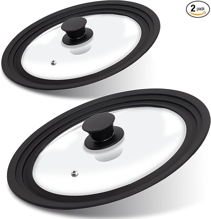 Tempered Glass Lid Set of 2 - Universal Lids with Heat Resistant Silicone Rim for Pots, Pans and Skillets - Pan Cover Replacement Lids Fit 6.5", 7", 8" and 9.5", 10", 11" Diameter Cookware