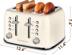 Roter Mond Toaster 4 Slice Retro Stainless Steel with Extra Wide Slots Bagel, Defrost, Reheat Function, Dual Independent Control Panel, Removable Crumb Tray, 6 Browning Levels, Cream White