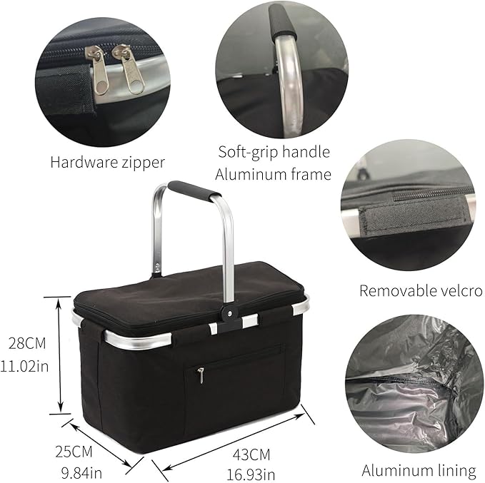 30L Large Picnic Basket, Foldable and Insulated Wild Outdoor Camping Picnic Large Capacity Picnic Basket with Handle for Picnic, Takeout, Shopping, Camping, Traveling (Black)