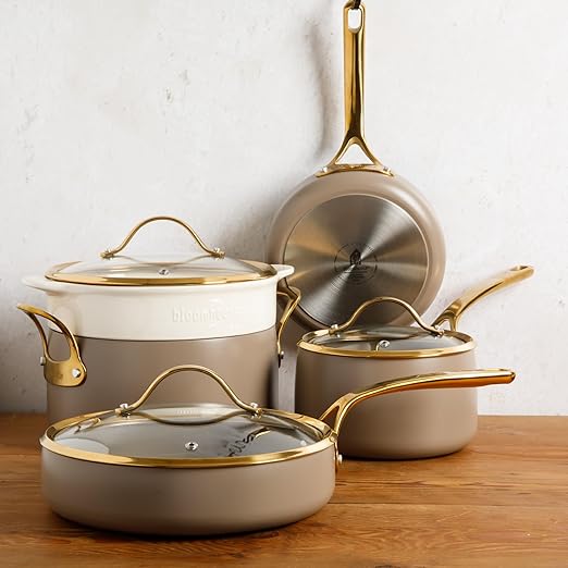 Bloomhouse - Two Time Oprah's Favorite Things Winner - 8 Piece Pots and Pans Heavy Duty Aluminum Premium PFA Free Ceramic Nonstick Dutch Oven Pot with Lid - Cappuccino Cream with Gold Handle