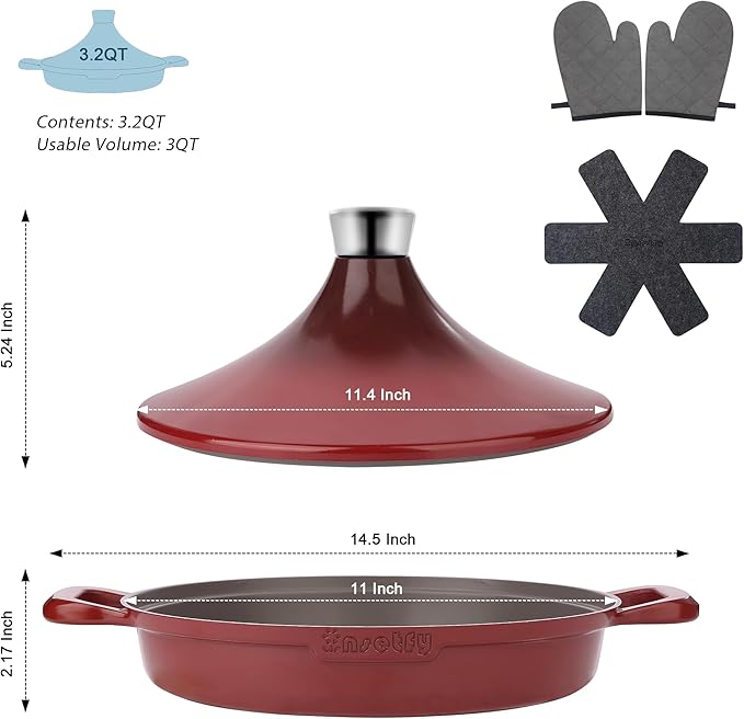 Non-Stick Frying Pan/Skillet 11", 3QT Tagine Pan,Cast Aluminum Pans with Lid, Stove/Oven-to-Table Cookware, Dishwasher Safe& Compatible with All Stovetops（Red）