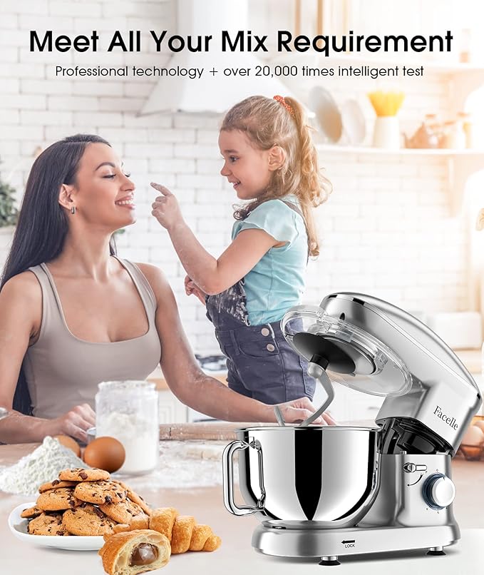 Facelle Stand Mixer, Electric Kitchen Mixer, 6 Speed Tilt-Head Stand Mixer with Pulse, Attachments include 6.5QT Bowl, Dishwasher Safe Beater, Dough Hook, Whisk for Dough, Baking,Cakes, Cookie -Silver