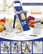 Safe Mandoline Slicer Upright Vegetable Chopper-Julienne Dicer for Kitchen, Potato Slicer, Adjustable Vegetable Cutter with Container, Multifunctional 6 in 1 Food Chopper (Dark Blue)