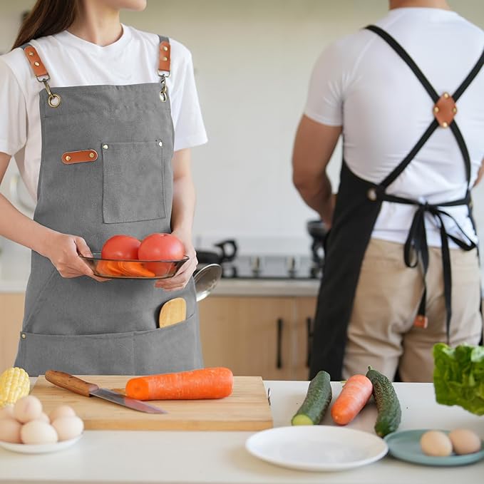 Canvas Aprons for Men Chef Apron, Work Apron with Large Pockets - 16oz Heavy Duty Cross Back, BBQ, Cooking