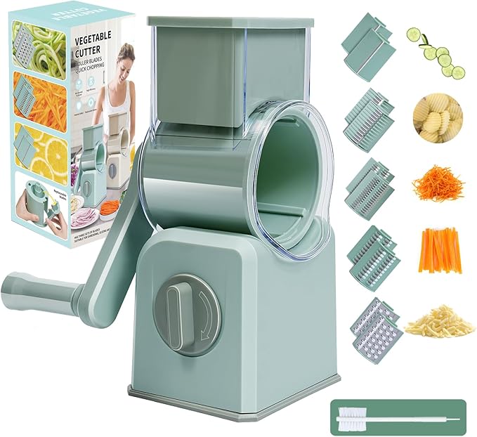 Rotary Cheese Grater with Hand Crank, 5 Interchangeable Blades Vegetable Slicer - Strong Suction Cup Base for Secure Use, Removable & Easy to Clean - Ideal for Cheese, Vegetables, Fruits, Nuts green