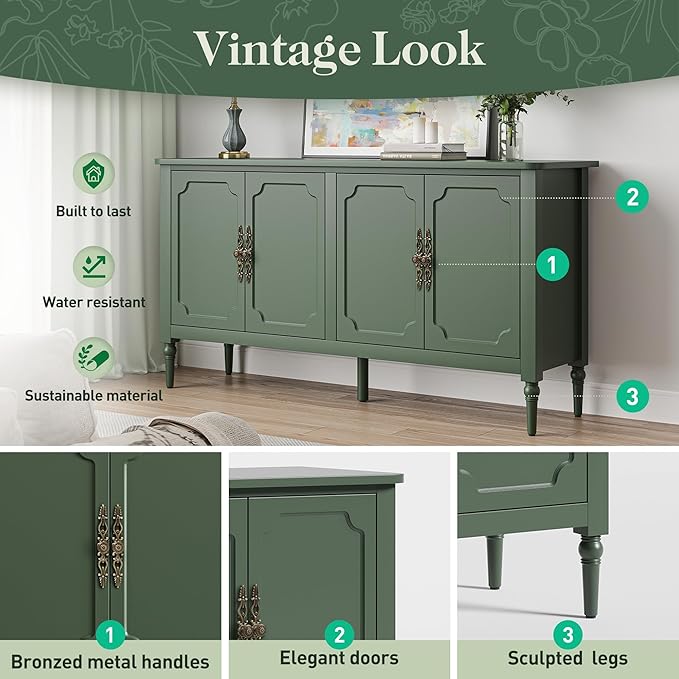 Console Cabinet, 58'' Mid Century Modern Pantry Cabinet, Wood Buffet Cabinet, Media Cabinet with 4 Doors, for Entryway, Living Room, Bedroom, Dining Room (Green)
