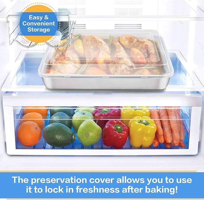 E-far Stainless Steel Baking Pan with Lid, 12⅓ x 9¾ x 2 Inch Rectangle Sheet Cake Pans with Covers Bakeware for Cakes Brownies Casseroles, Non-toxic & Healthy, Heavy Duty & Dishwasher Safe