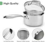 2.0 Quart Stainless Steel Pot Saucepan with Glass Strainer Lid, Sauce Pot with Two Side Spouts, Induction Cooking Pot, Multipurpose Sauce Pan with Lid for Cooking