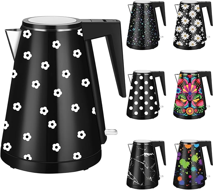 1.2L Double Wall Stainless Steel Interior Water Boiler, Cordless, 1000W Fast Boil with LED Light Coffee Pot & Tea Electric Kettle, Auto Shut-Off and Boil-Dry Protection (Small Daisy)