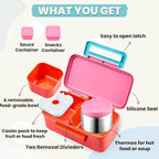 Kids Lunch Bento Box with Thermo Ice Pack Food Container with Insulated Lunch Bag, Insulated Water Bottle with Straw for Girls Boys,Pink