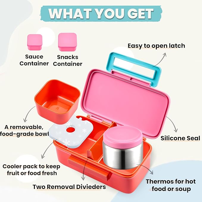 Kids Lunch Bento Box with Thermo Ice Pack Food Container with Insulated Lunch Bag, Insulated Water Bottle with Straw for Girls Boys,Pink