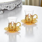 Alisveristime (Set of 2 Turkish Tea Set with Zamac Holders, Glass Cups, and Saucers – Ahsen Ottoman Design, 100ml Capacity, Available in Gold or Silver Color (Gold)