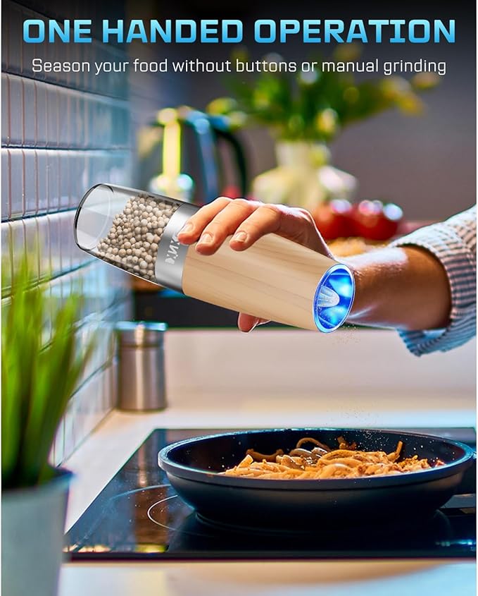 XinXu Gravity Electric Salt and Pepper Grinder Set, Automatic Mill Grinder Shaker,Battery-Operated, Adjustable Coarseness, Stainless Steel, LED Light, One Hand Operated,Wood Grain