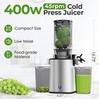 Cold Press Juicer, 5.3" Wide Feed Chute Juice Extractor Machine with 400W, High Juice Yield, Slow Masticating Juicer for Whole Vegetables & Fruits, Stainless Steel