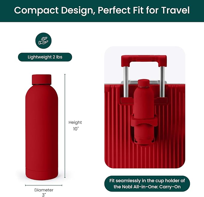 NOBL SNOBL Stainless Steel Water Bottle,17 oz, 500 ml, Double Wall Vacuum Insulation, Sealed Bottle Keeps Drinks Cold 24 Hrs & Hot 12 Hrs, Leak Proof, Fits Noble Carry-On Cup Holder - Red
