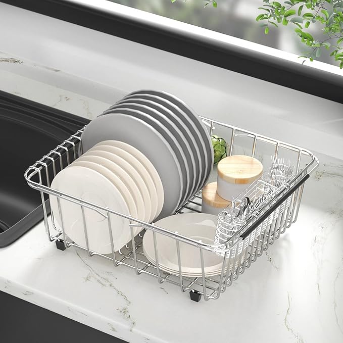 JAQ Dish Drying Rack in-Sink, 304 Stainless Steel Dish Drainer with Stainless Steel Silverware Holder Over Inside Sink-Adjustable 15.16" to 20.59" Maximium 13 Upright Dishes