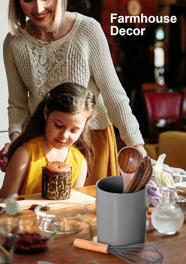 Nucookery Utensil Holder, 6.4" Ceramic Kitchen Utensil Holder for Countertop with Protection Cork Bottom, Vintage Farmhouse Kitchen Decor for Counter (Gray)