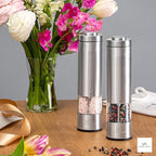 Electric Salt and Pepper Grinder - Battery Operated Stainless Steel Pepper Mill with Light (Black) - Automatic One Handed Operation - Electronic Adjustable Shaker - Ceramic Grinder