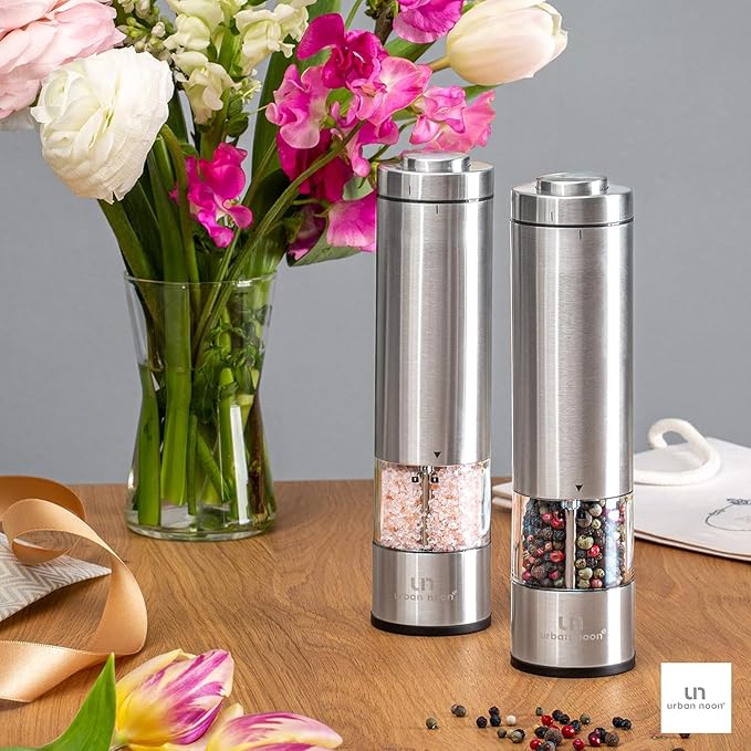Electric Salt and Pepper Grinder - Battery Operated Stainless Steel Pepper Mill with Light (Black) - Automatic One Handed Operation - Electronic Adjustable Shaker - Ceramic Grinder