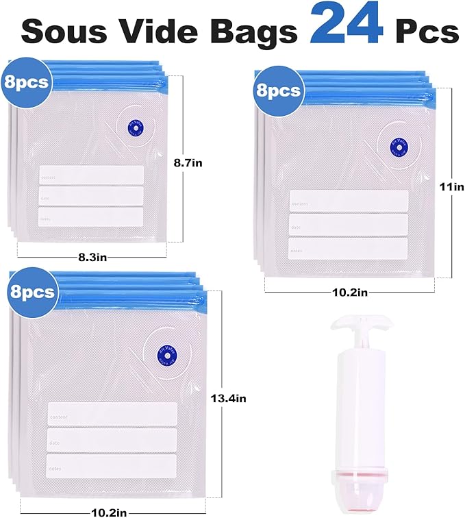 Sous Vide Bags, 24PCS 3Size Reusable Vacuum Seal Bags for Food,Vacuum Zipper Sealer Bag with Hand Pump, Sous Vide Cooking,Freezer Safe,Microwave Heating and Food Storage