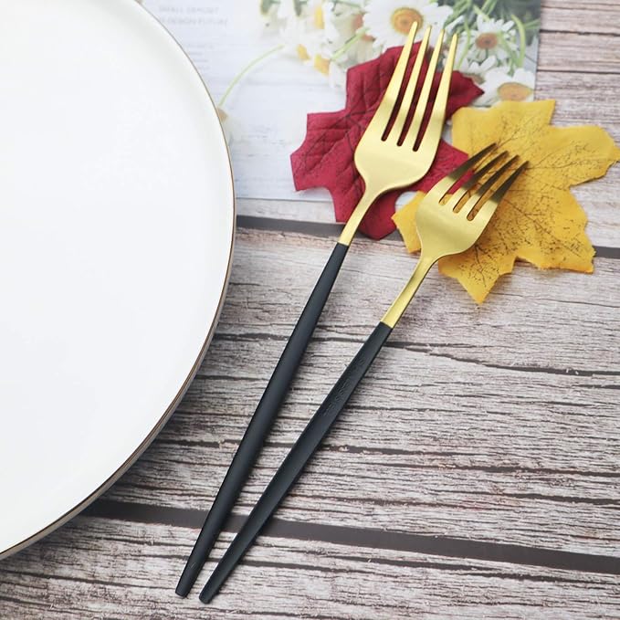 JASHII Silverware Set 36 Piece Food Grade Stainless Steel Flatware Set Fork Spoon Knife Utensils for Daily Use and Party, Service for 6 Anti Rust, Safe in Dishwasher (Matte Black handle gold)