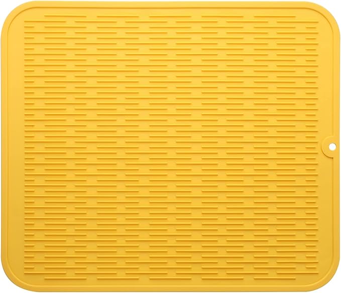 Silicone Dish Drying Mat for Multiple Usage,Easy clean,Eco-friendly,Heat-resistant Silicone Mat for Kitchen Counter or Sink,Refrigerator or Drawer Liner Yellow XL 18 inches x 16 inches