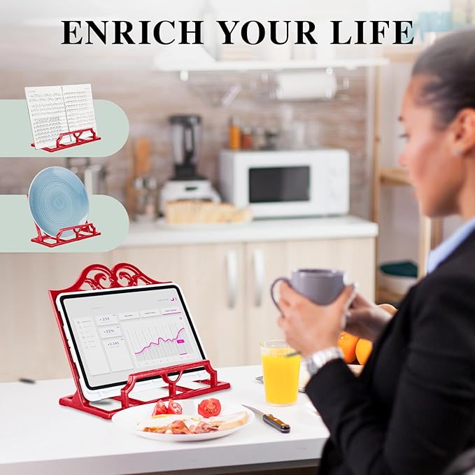 JOGREFUL Cookbook Stand, Cast Iron Heavy-Duty Recipe Book Holder, Kitchen Vintage Recipe Book Holder, Reading Rest Holder for Easel/Counter/Books/Magazine/iPad/Bible, Classic Red