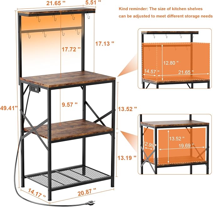 Kitchen Bakers Rack with Power Outlet & LED Lights, Small Coffee Bar Table with Adjustable Storage Shelf, 4 Tiers Microwave Stand with 8 Hooks, Coffee Station for Appliance Organizer, Rustic Brown