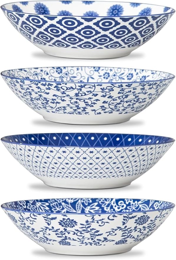 Ceramic Pasta Bowls Set - 40 Oz Porcelain Large Salad Bowls Serving - 9 Inch Wide Shallow Plate Bowls for Eating - Housewarming Wedding Gift - Oven Dishwasher Safe - Set of 4 - Vintage Blue