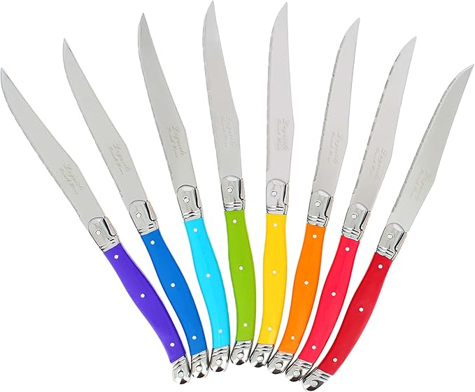 French Home Laguiole 8-Piece Steak Knife Set – Sophisticated Stainless Steel Dinner Knives with Rainbow Handles & Iconic Bee Emblem – Serrated Knives for Smooth Cutting (9.25")