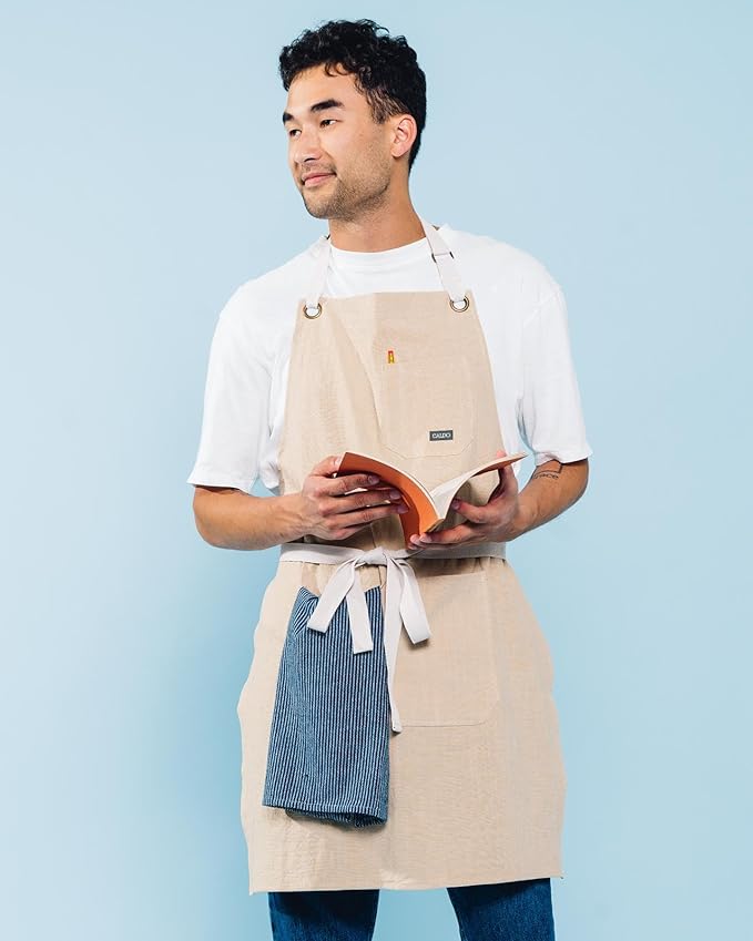 Caldo Linen Kitchen Apron for Cooking- Mens and Womens Linen Bib Apron for Professional Chef, Server, or Barista- Adjustable with Pockets (Bone)