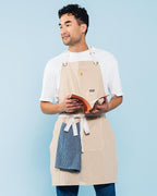 Caldo Linen Kitchen Apron for Cooking- Mens and Womens Linen Bib Apron for Professional Chef, Server, or Barista- Adjustable with Pockets (Bone)