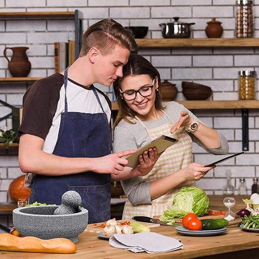 Large Mortar and Pestle - 4 Cup Unpolished Granite Bowl Molcajete Mexican Mortar Handmade Stone Grinder for Guacamole Pastes Pestos in Family Day, Mortar and Pestle, Gray, 8 Inches
