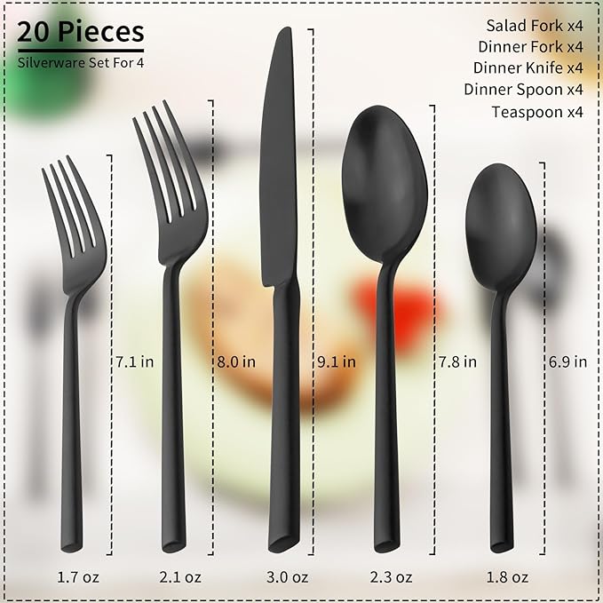 Alata Potter Black 20-Piece Forged Silverware Set, Service for 4 Stainless Steel Flatware Set, Modern Design with Satin Finish, Ideal for Home, Kitchen, Party, Camping